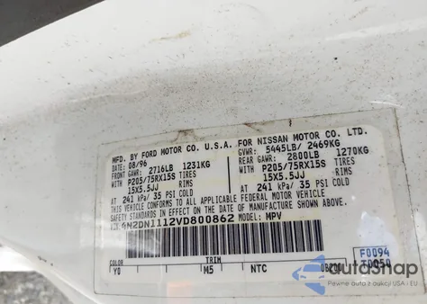 1997 Nissan Quest Gxe/Xe из США, поврежденный, VIN 4N2DN1112VD800862